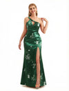 Beautiful One Shoulder Side Slit Mermaid Floral Satin Maxi Floral Formal Dresses For Women