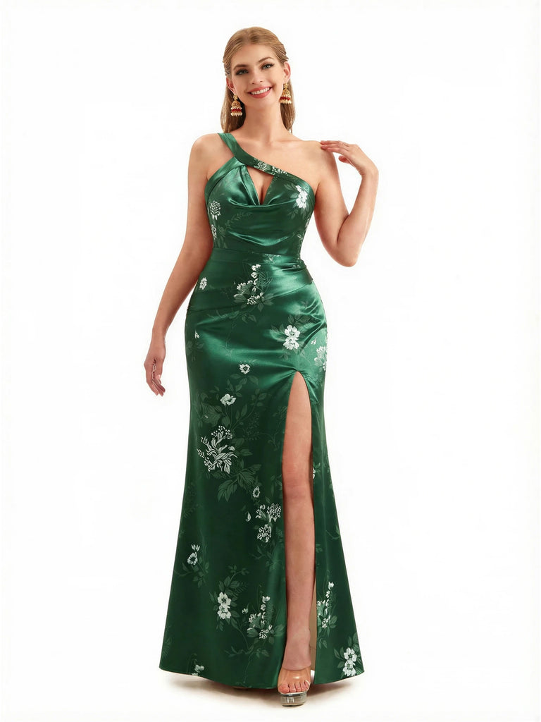Beautiful One Shoulder Side Slit Mermaid Floral Satin Maxi Floral Formal Dresses For Women
