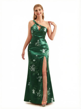 Beautiful One Shoulder Side Slit Mermaid Floral Satin Maxi Floral Formal Dresses For Women