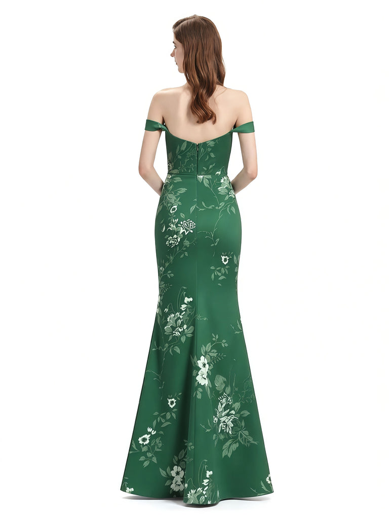 Elegant Off Shoulder Mermaid Side Slit Floral Satin Maxi Floral Formal Dresses For Women