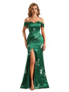 Trendy Off Shoulder Side Slit Mermaid Long Satin Floral Formal Evening Dresses For Ladies