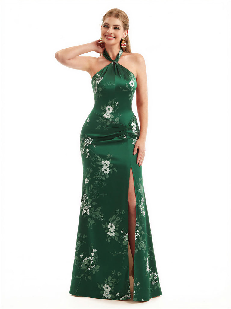 Beautiful Halter Side Slit Mermaid Floral Satin Maxi Floral Formal Dresses For Women
