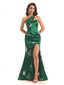 Sexy One Shoulder Side Slit Mermaid Satin Floral Formal Dresses For Women