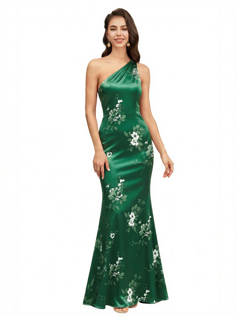 Elegant One Shoulder Mermaid Floral Satin Maxi Floral Formal Dresses For Women