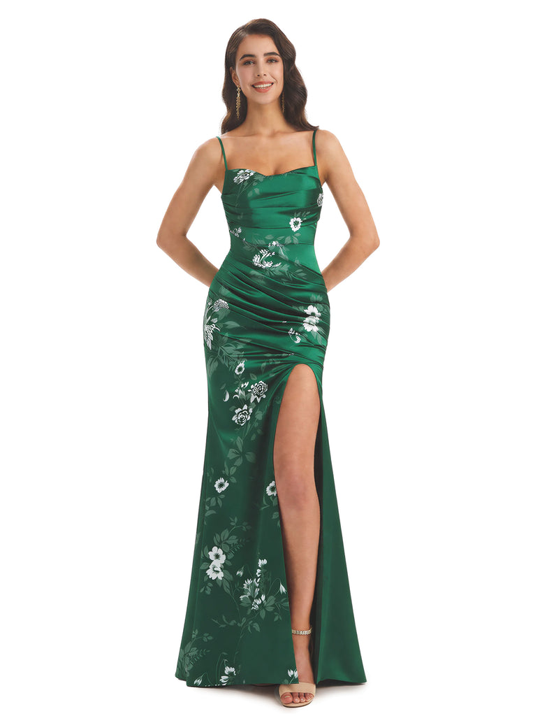 Elegant Spaghetti Straps Side Slit Mermaid Floral Satin Maxi Floral Formal Dresses For Women