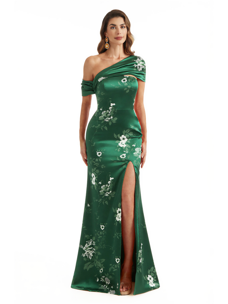 Elegant Asymmetrical Side Slit Mermaid Long Satin Floral Formal Dresses For Women