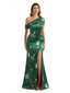 Elegant Asymmetrical Side Slit Mermaid Long Satin Floral Formal Dresses For Women