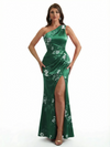 Simple One Shoulder Side Slit Mermaid Floral Satin Maxi Floral Formal Dresses For Women
