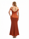 Sexy Off The Shoulder Side Slit Mermaid Ruched Satin Long Formal Dresses With Bonings