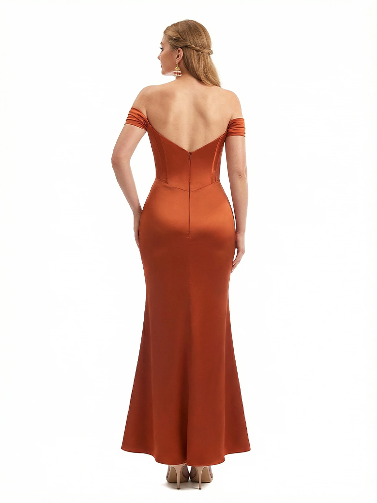 Sexy Off The Shoulder Side Slit Mermaid Ruched Satin Long Formal Dresses With Bonings