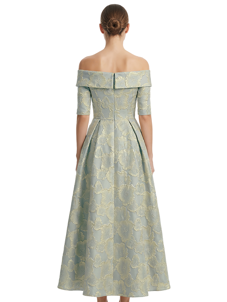 ChicSew Elegant Floral Jacquard Off Shoulder Tea-Length Formal Evening Dresses