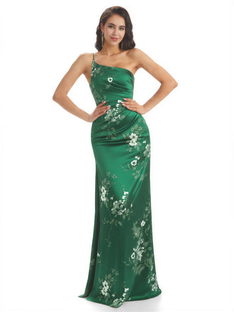 Elegant One Shoulder Mermaid Long Satin Floral Formal Dresses For Women