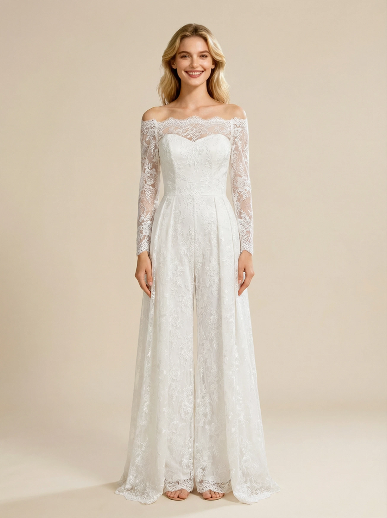 ChicSew Jumpsuit Wedding Dress Off Shoulder Lace Maxi Long Bridal Jumpsuit With Overskirt, Custom Color(leaving a note)