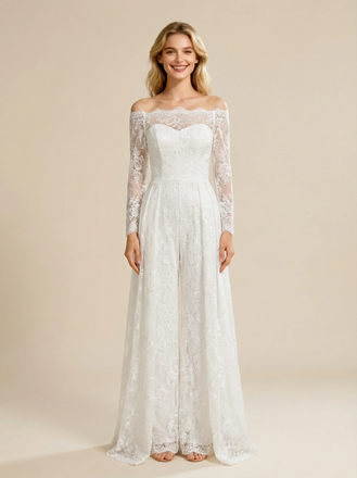 Jumpsuit Off Shoulder Lace Maxi Long Wedding Gowns With Train