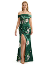 Simple Off Shoulder Side Slit Mermaid Long Satin Floral Formal Evening Dresses For Ladies