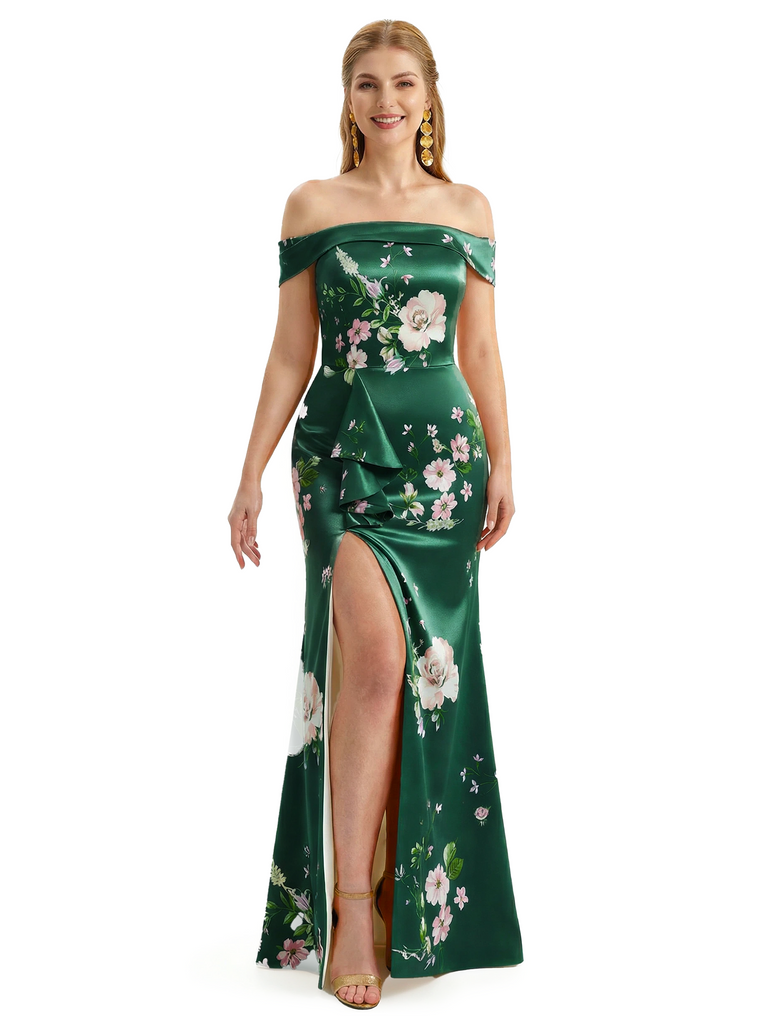 Simple Off Shoulder Side Slit Mermaid Long Satin Floral Formal Evening Dresses For Ladies