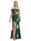 Simple Off Shoulder Side Slit Mermaid Long Satin Floral Formal Evening Dresses For Ladies
