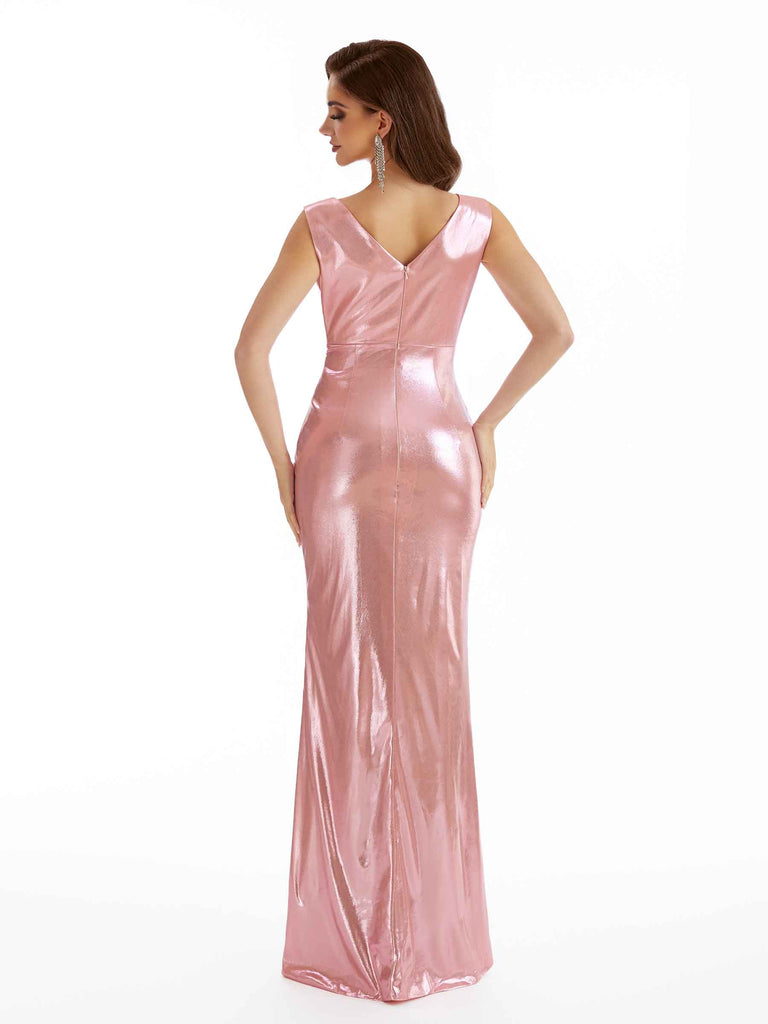 Sexy Mermaid V-Neck Pleated Metallic Stretch Shiny Long Dresses Online