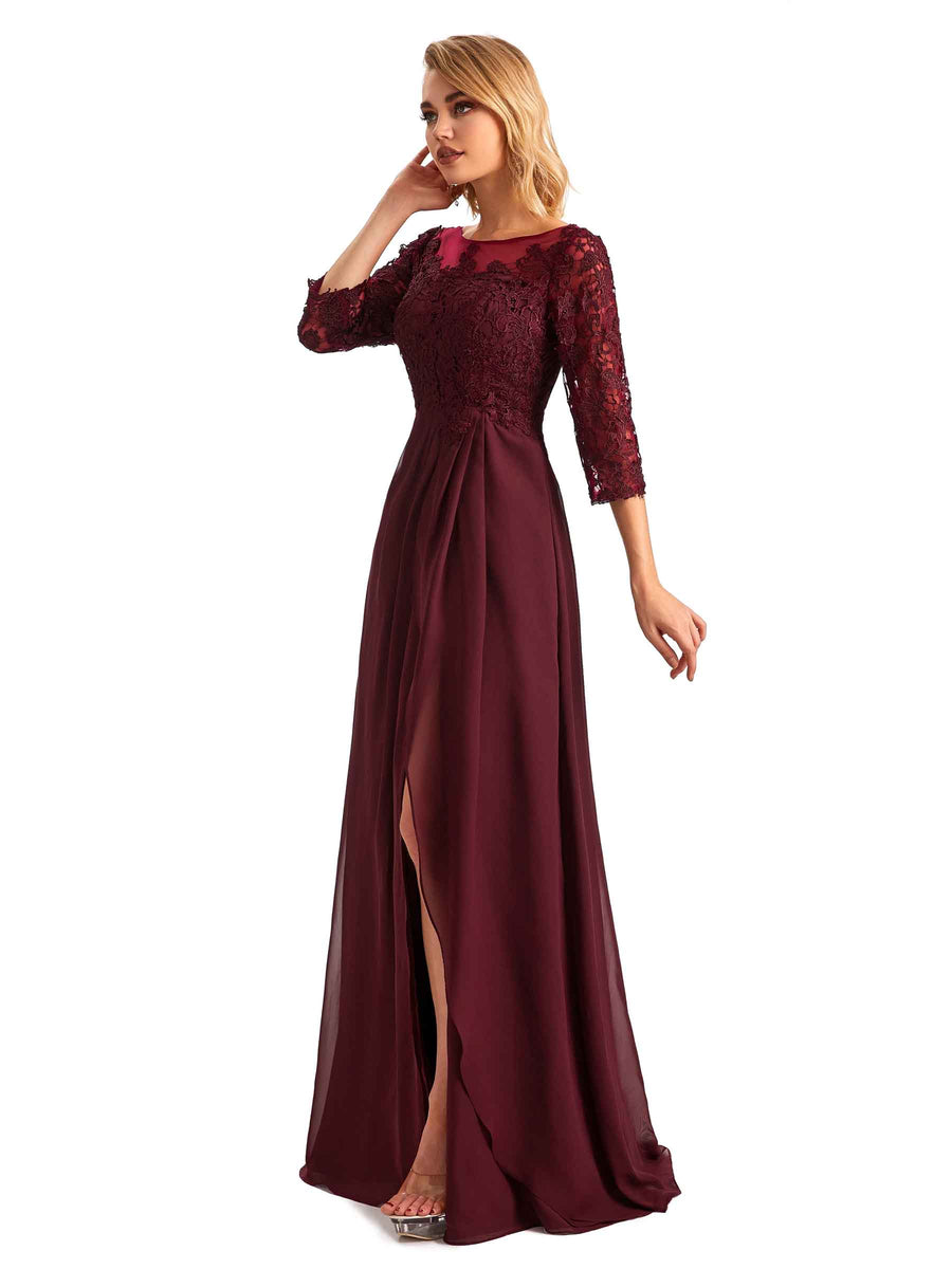Elegant Side Slit Chiffon 3/4 Sleeves A-line Long Mother of the Brides Dresses
