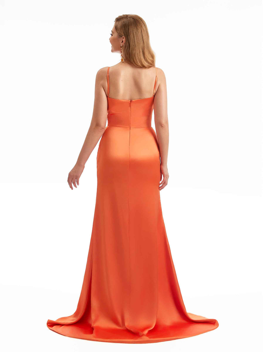 Sexy Side Split Spaghetti Straps Cowl Boho Chic Maxi Satin Bridesmaid Dresses Online