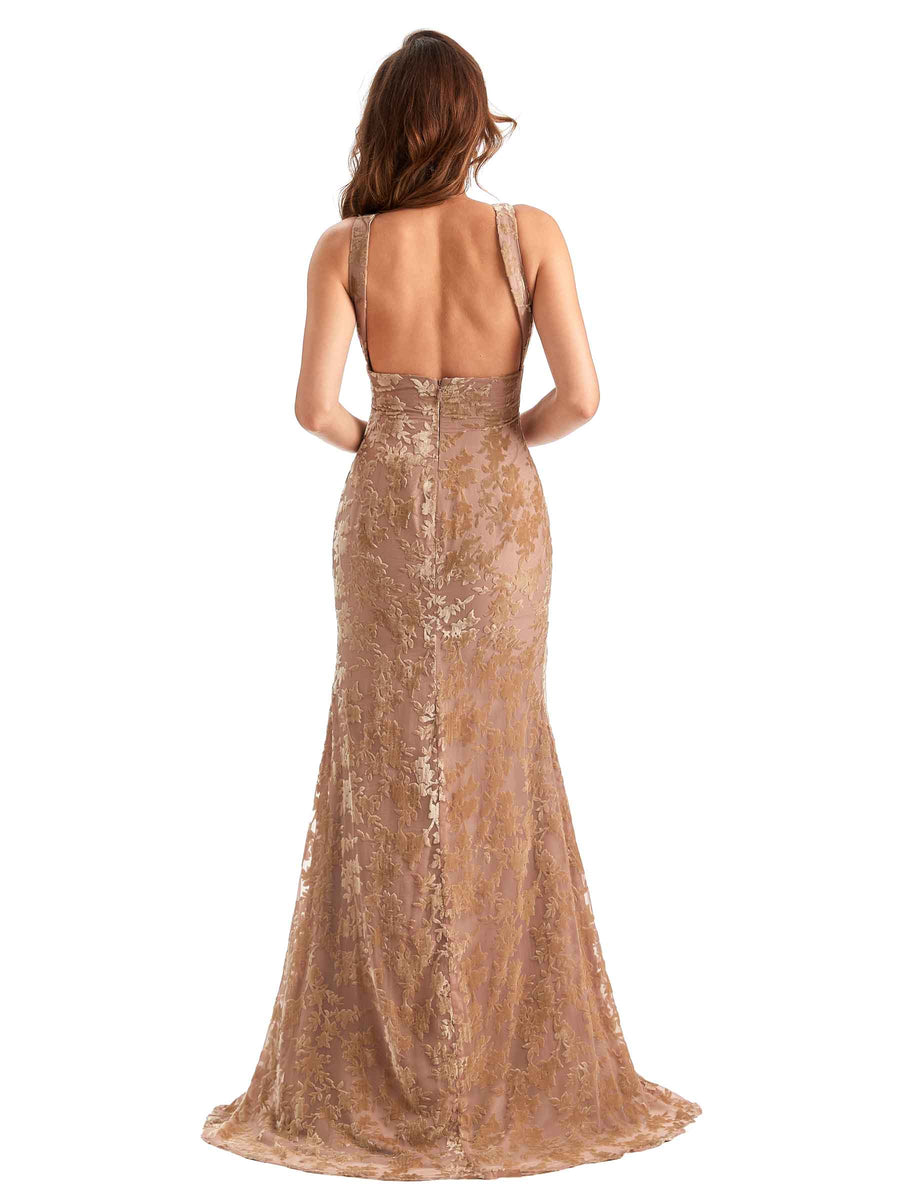 Sexy Side Slit Mermaid Floral Velvet Long Bridesmaid Dresses Online