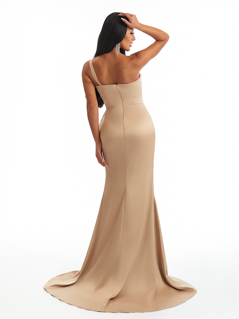 Sexy One Shoulder Side Slit Mermaid Soft Satin Twisted Knot Long Bridesmaid Dresses