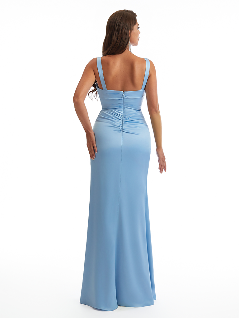 Elegant V-Neck Mermaid Soft Satin Front Slit Long Bridesmaid Dresses Online