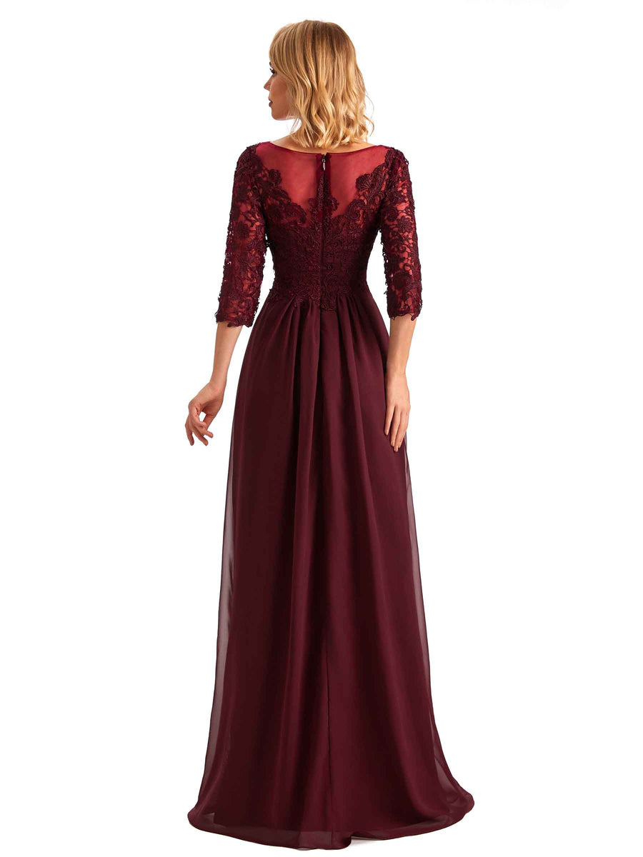 Elegant Side Slit Chiffon 3/4 Sleeves A-line Long Mother of the Brides Dresses