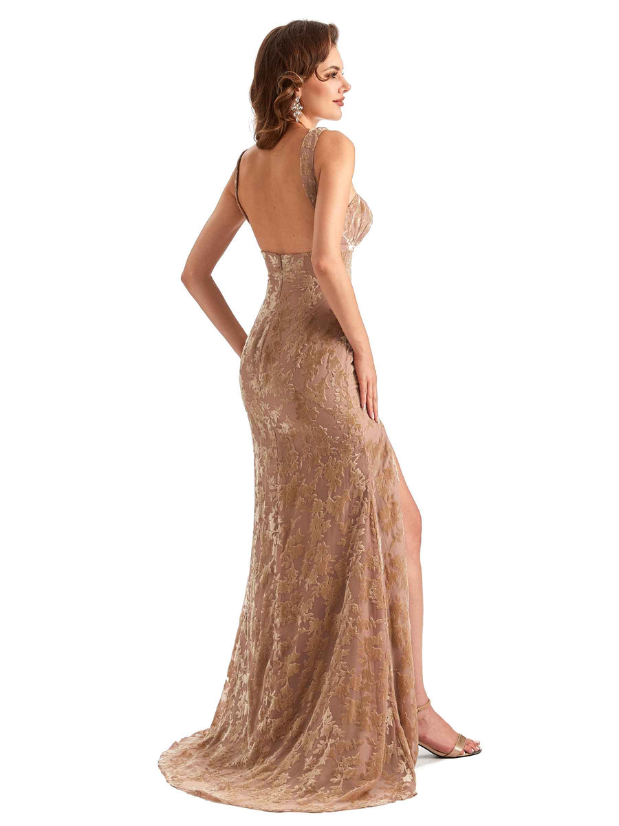 Sexy Side Slit Mermaid Floral Velvet Long Bridesmaid Dresses Online