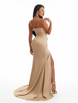 Sexy One Shoulder Side Slit Mermaid Soft Satin Twisted Knot Long Bridesmaid Dresses