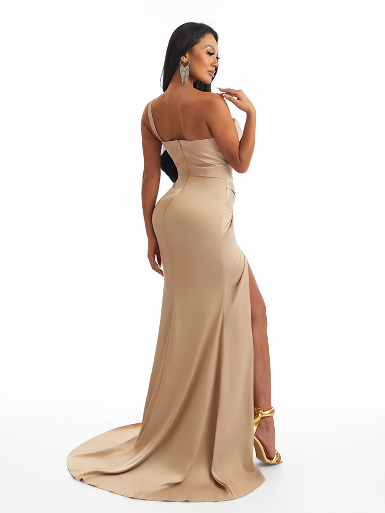 Sexy One Shoulder Side Slit Mermaid Soft Satin Twisted Knot Long Bridesmaid Dresses