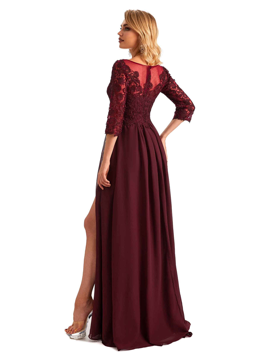 Elegant Side Slit Chiffon 3/4 Sleeves A-line Long Mother of the Brides Dresses
