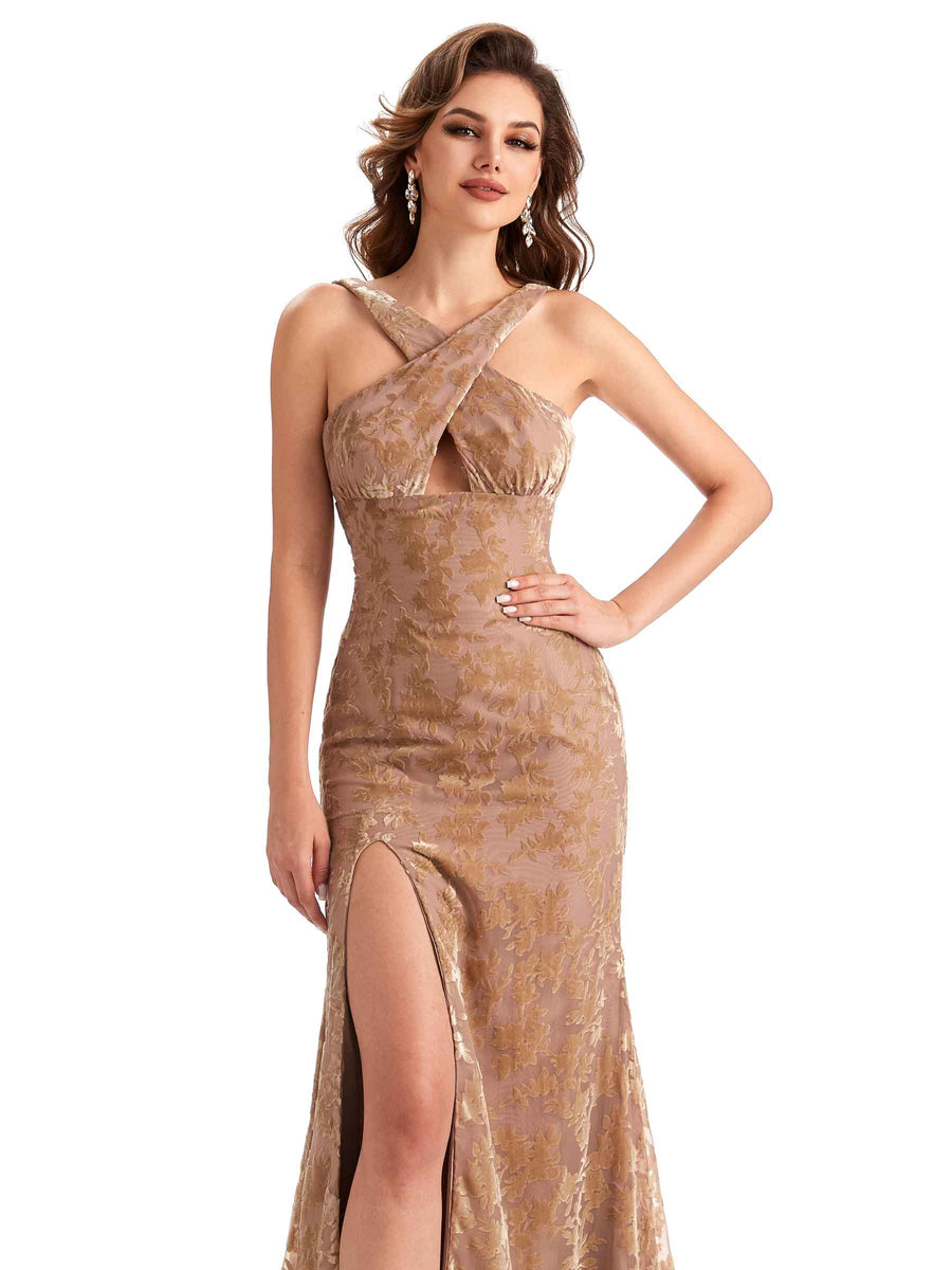 Sexy Side Slit Mermaid Floral Velvet Long Bridesmaid Dresses Online