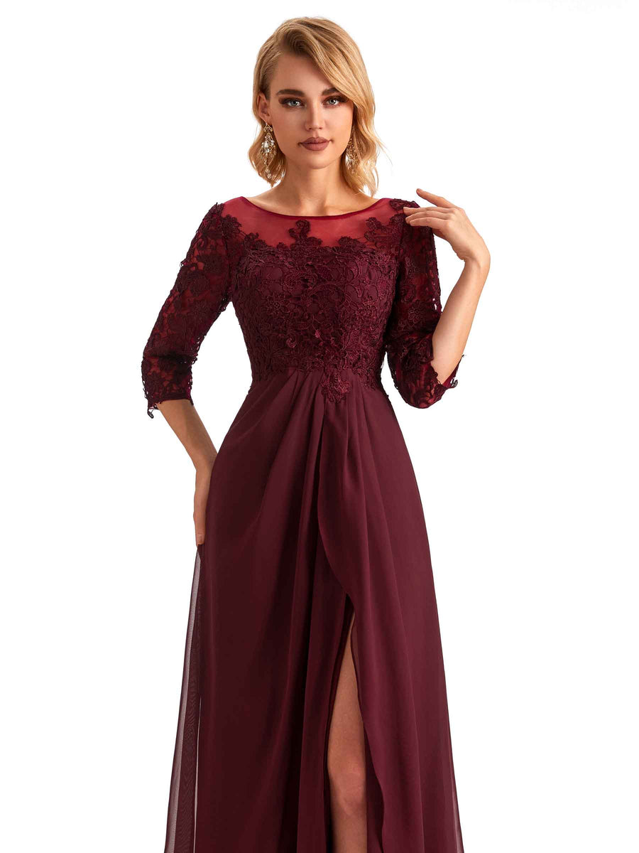 Elegant Side Slit Chiffon 3/4 Sleeves A-line Long Mother of the Brides Dresses