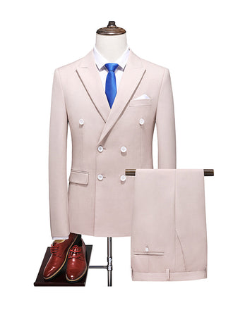 Beige 2 pieces Men‘s Suit Slim Fit Flat Double Breasted Peak Lapel Tuxedo CN509
