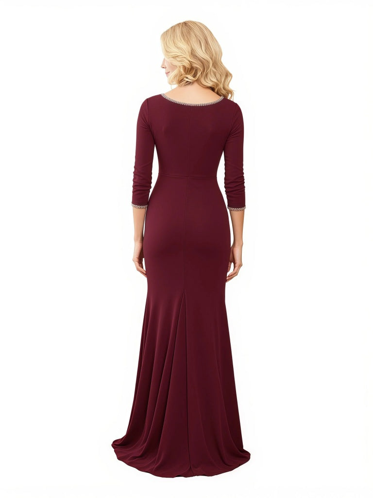 Elegant Long Sleeves V-Neck Side Slit Mermaid Crepe Long Mother of The Bride and Groom Dresses