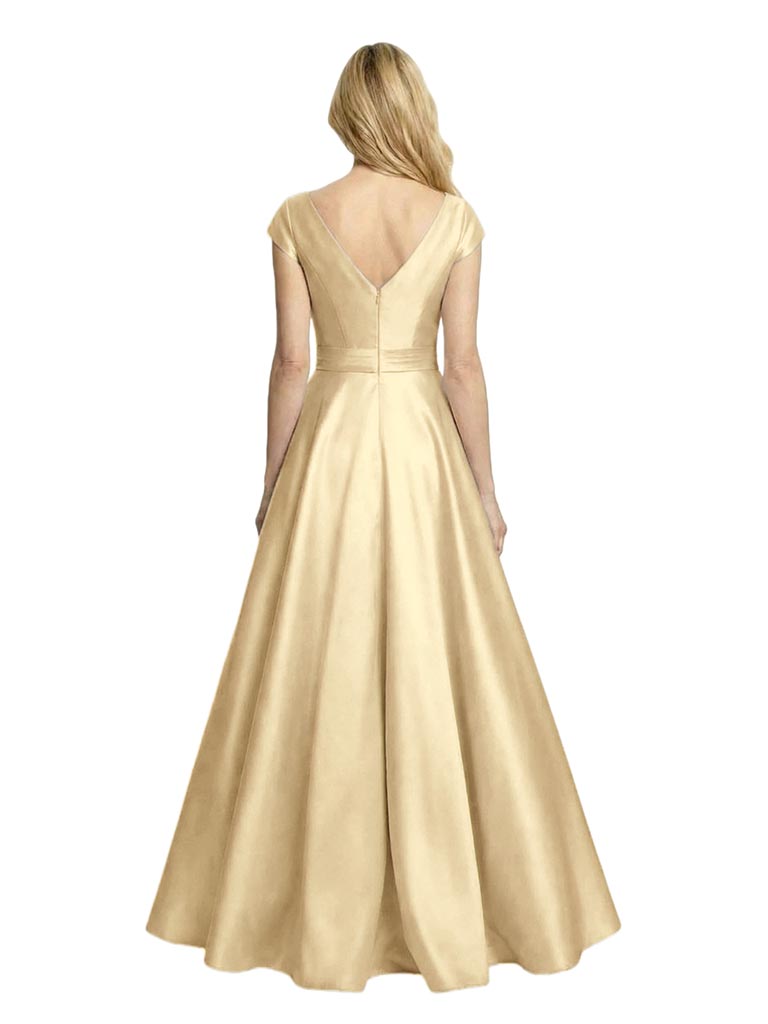 Elegant V-Neck Cap Sleeves Ruched A-line Soft Satin  Floor-Length Mother of the Bride Dresses