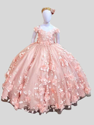 Blush Pink Mini Quinceanera Dress for Girls 3D Floral Applique Little Princess Wedding Party Flower Girls Dresses