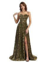Sexy Side Slit Strapless Floral Burnout Velvet Sweetheart Long Wedding Guest Dresses