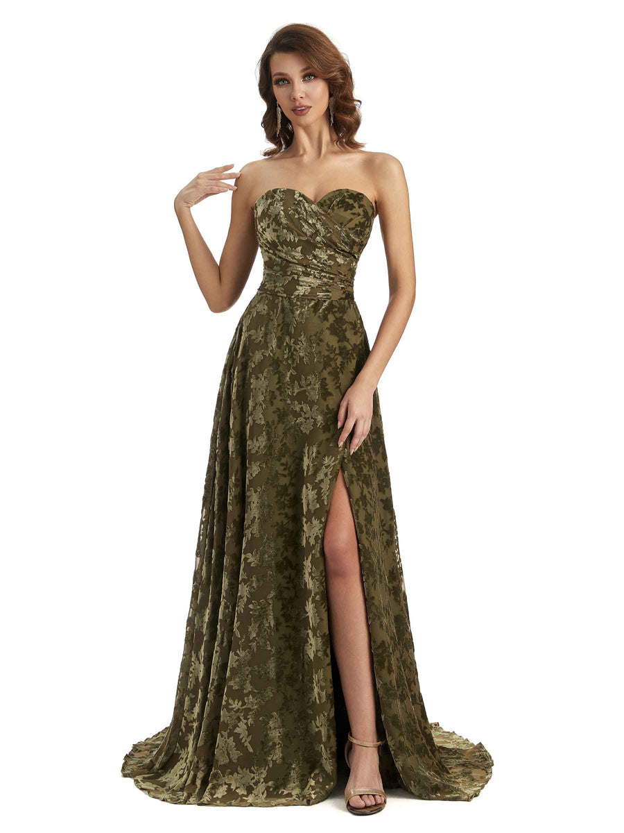 Sexy Side Slit Strapless Floral Burnout Velvet Sweetheart Long Wedding Guest Dresses