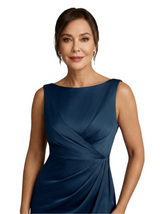ChicSew Boat Neck Satin Mermaid Long Mother Of The Bride Dress With Ruched Waistline
