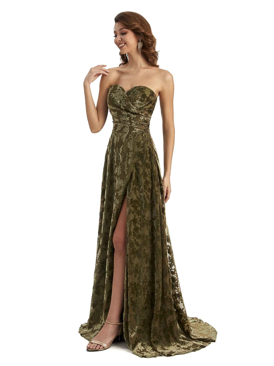 Sexy Side Slit Strapless Floral Burnout Velvet Sweetheart Long Wedding Guest Dresses