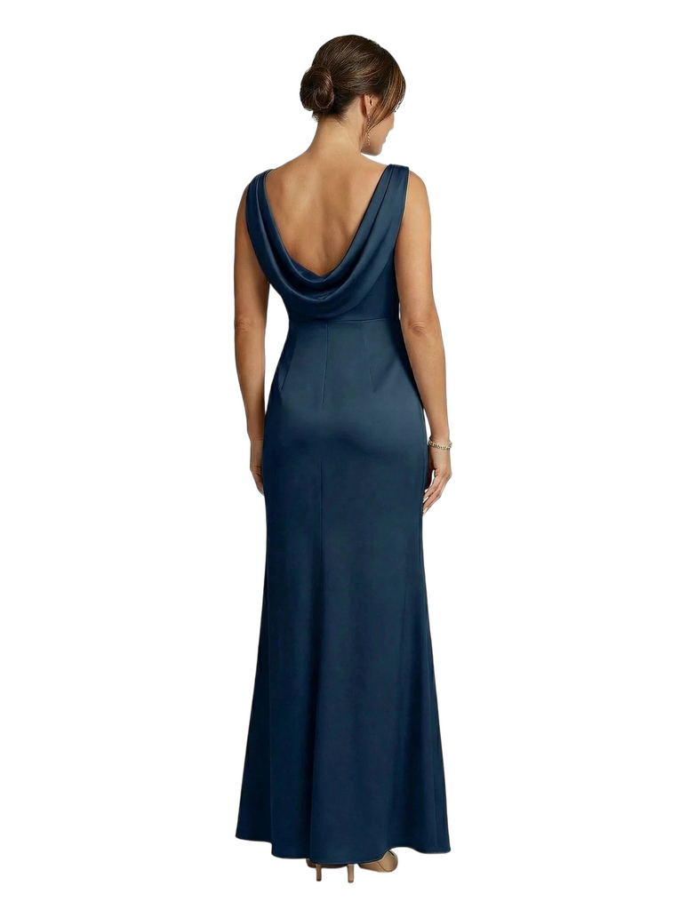 ChicSew Boat Neck Satin Mermaid Long Mother Of The Bride Dress With Ruched Waistline