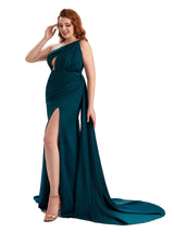 Plus Size One Shoulder Sexy Side Slit Mermaid Soft Satin Long Bridesmaid Dresses Online
