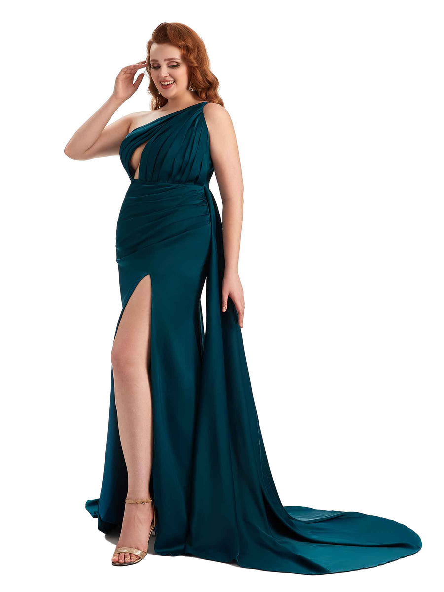 Plus Size One Shoulder Sexy Side Slit Mermaid Soft Satin Long Bridesmaid Dresses Online