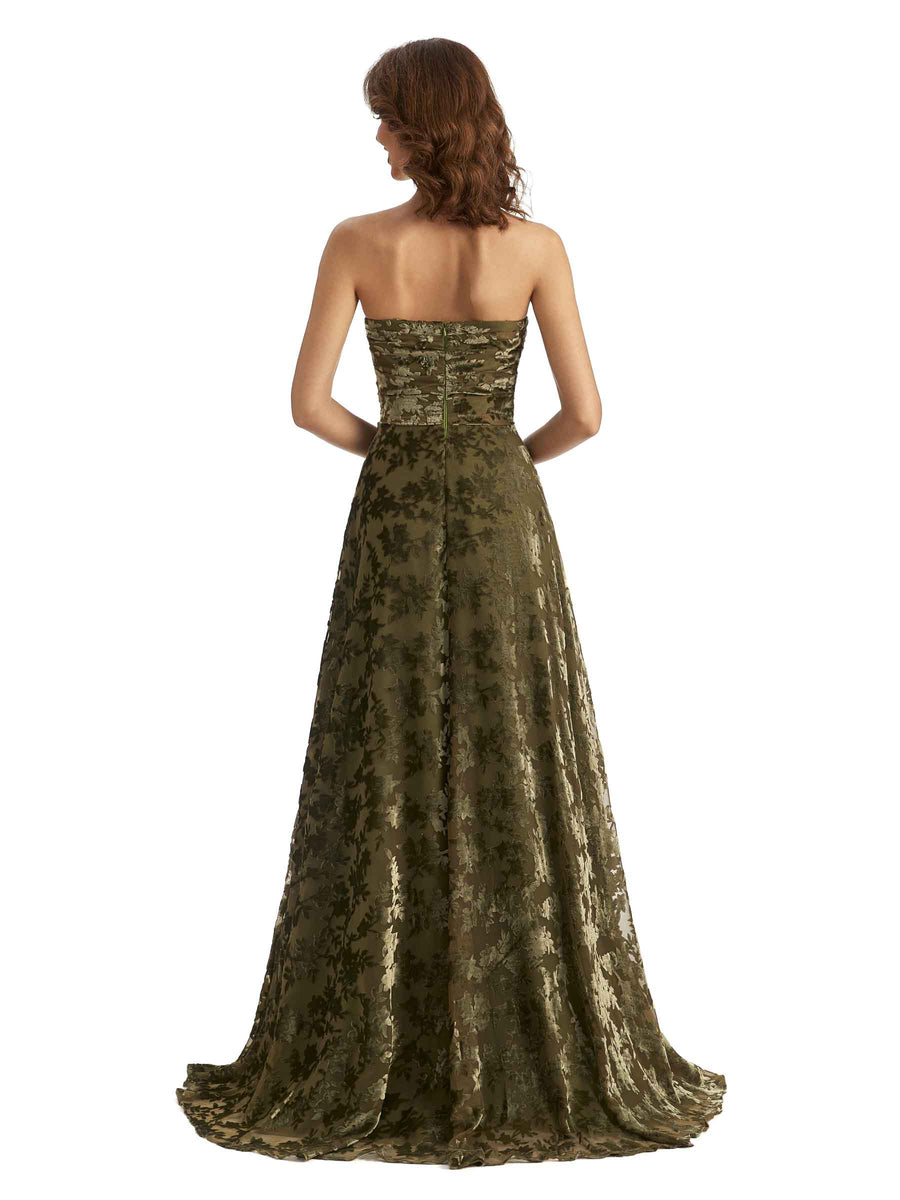 Sexy Side Slit Strapless Floral Burnout Velvet Sweetheart Long Wedding Guest Dresses