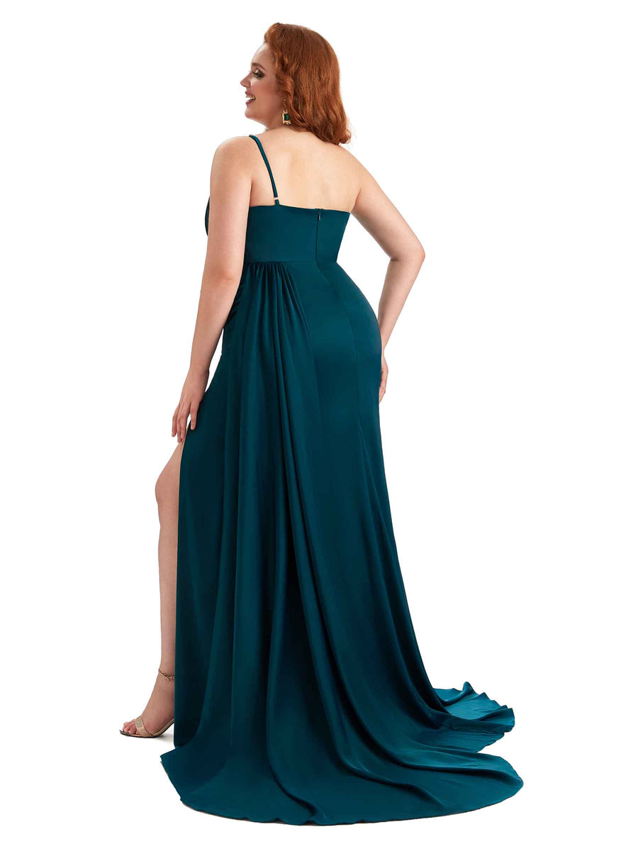 Plus Size One Shoulder Sexy Side Slit Mermaid Soft Satin Long Bridesmaid Dresses Online