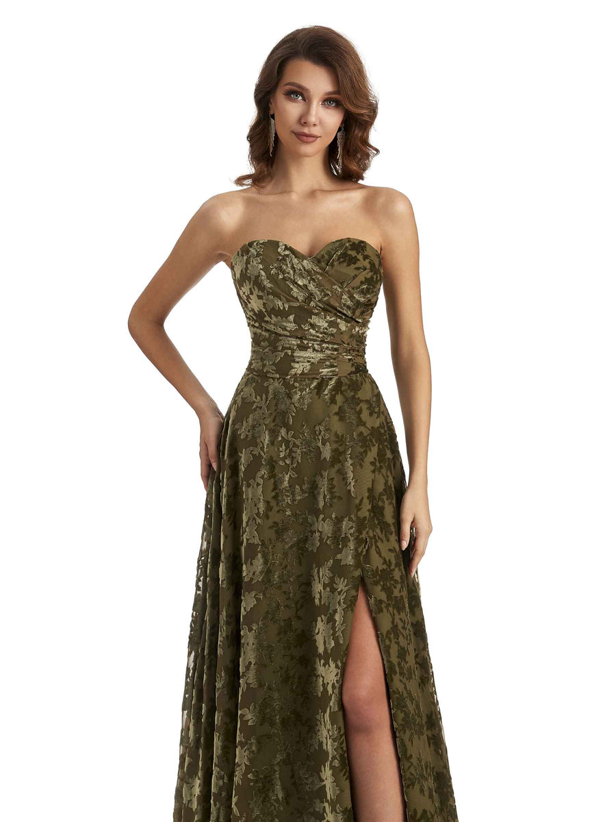 Sexy Side Slit Strapless Floral Burnout Velvet Sweetheart Long Wedding Guest Dresses
