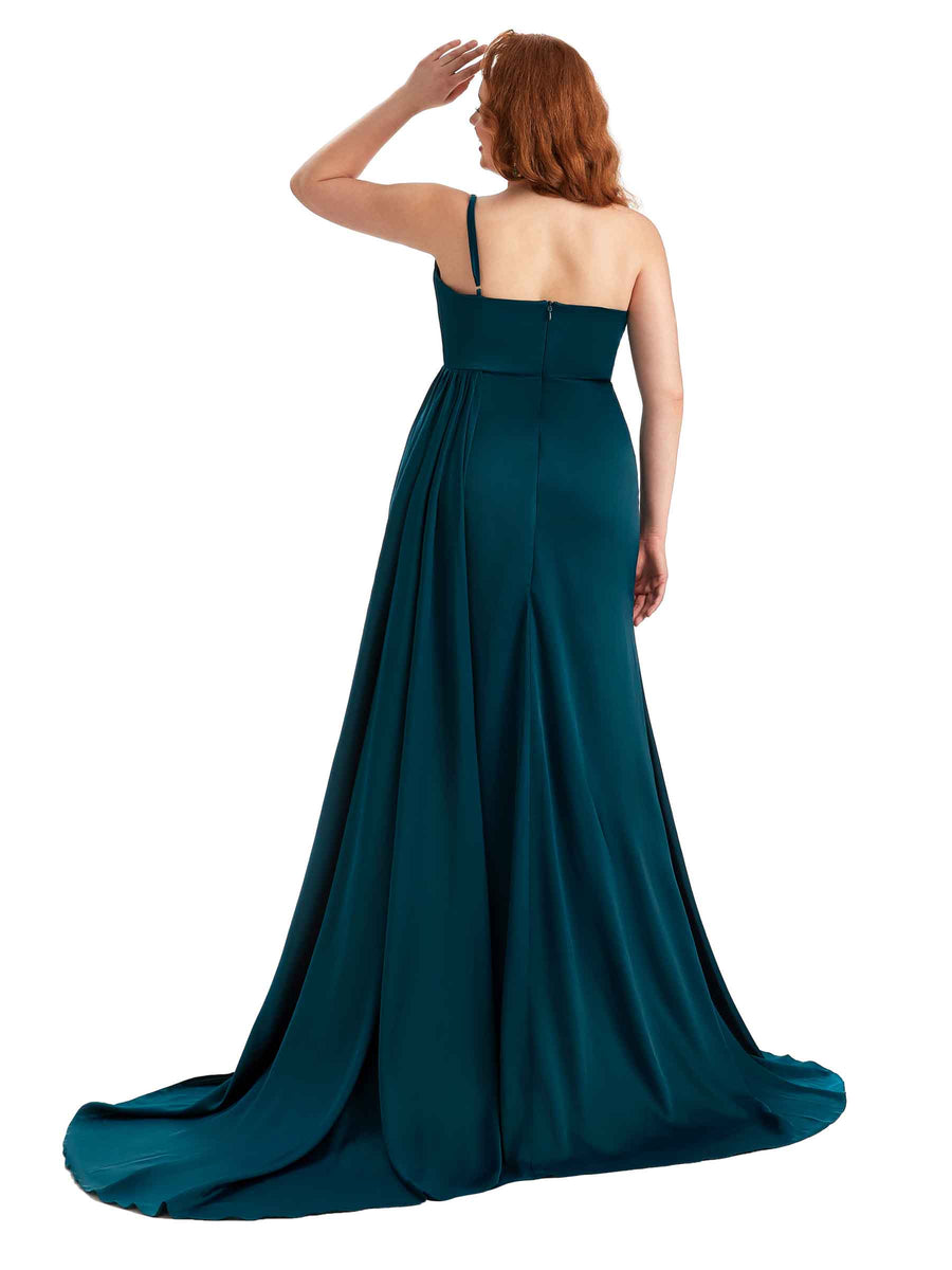 Plus Size One Shoulder Sexy Side Slit Mermaid Soft Satin Long Bridesmaid Dresses Online