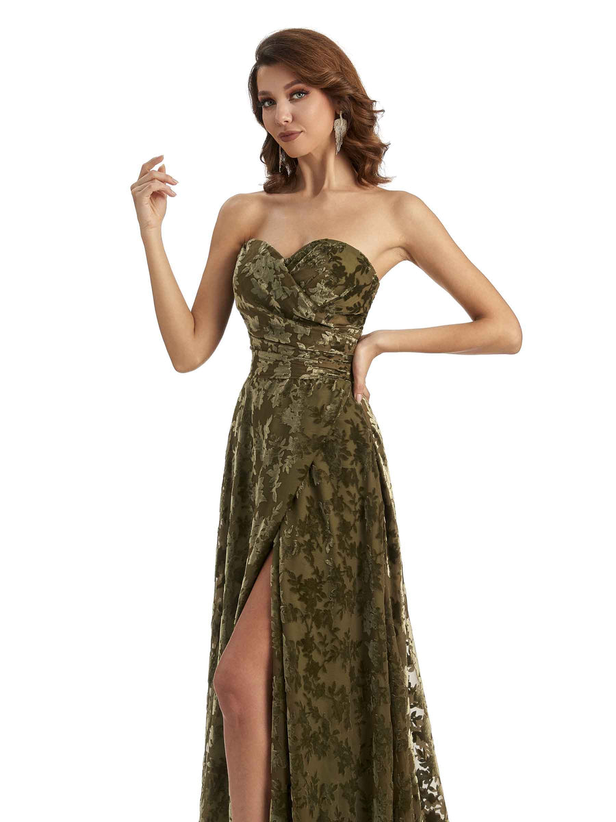 Sexy Side Slit Strapless Floral Burnout Velvet Sweetheart Long Wedding Guest Dresses